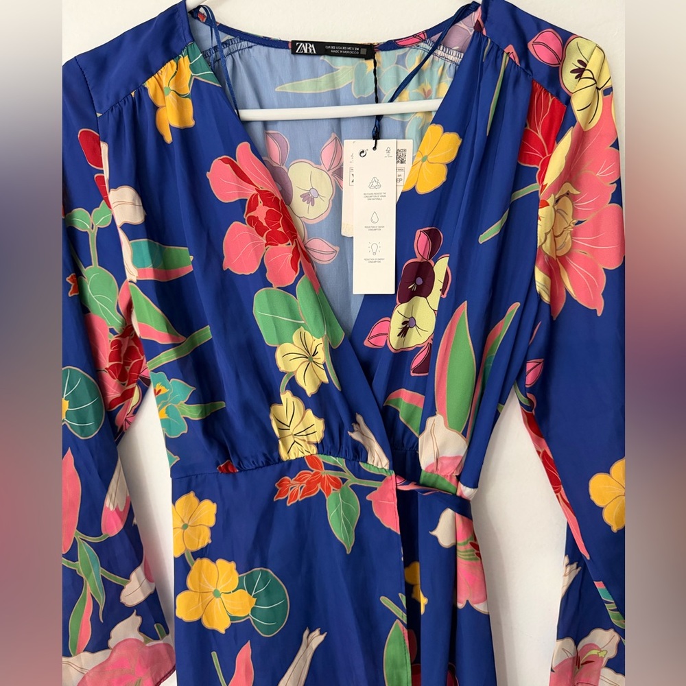 ZARA Floral Wrap Maxi Dress Blue Long Sleeve NWT XS - Picture 6 of 6